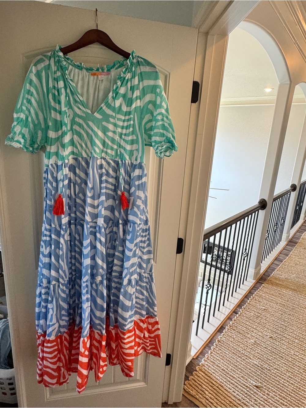 Tiered tropical pastel Casual Dress with Tassel Accents - Mint, Blue & Coral